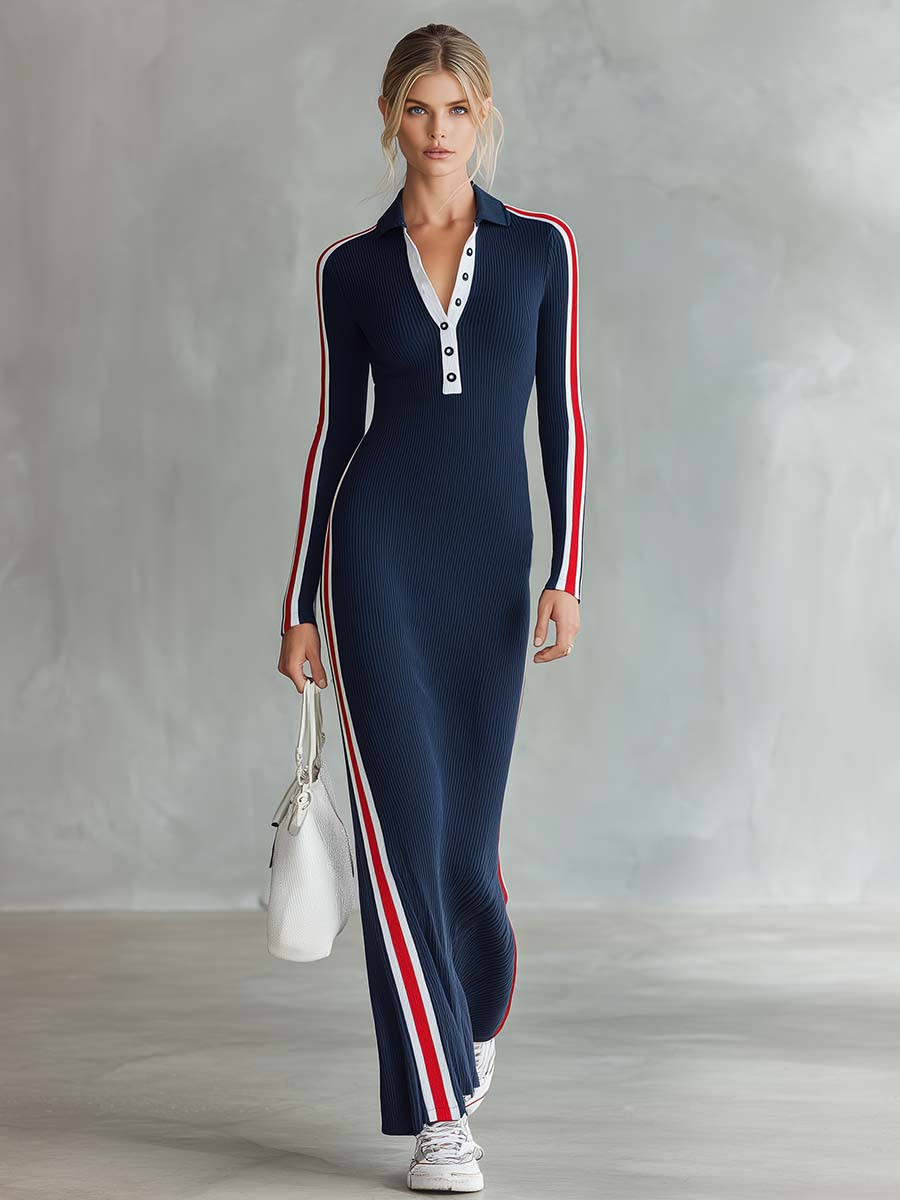 Retro Sporty Navy Striped Polo Half-Button Long-Sleeve Knit Maxi Dress