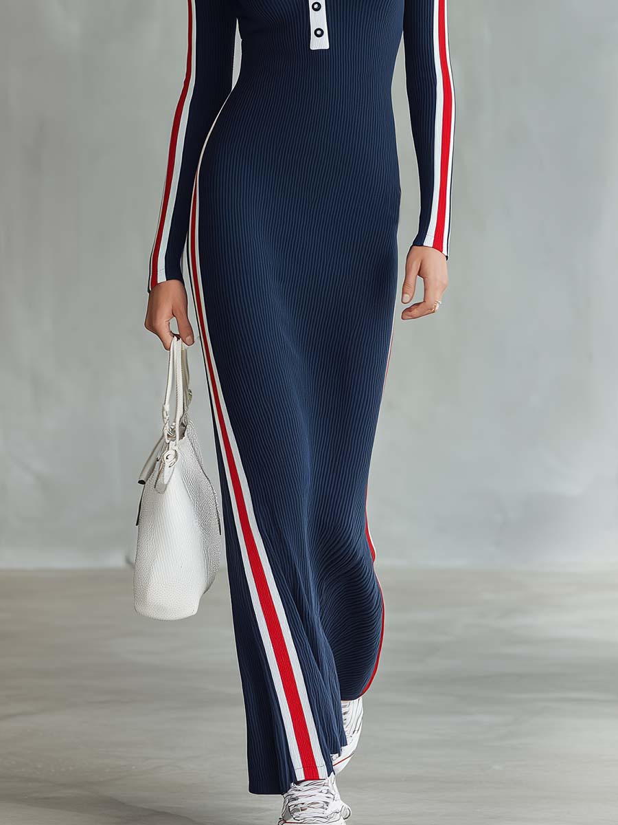 Retro Sporty Navy Striped Polo Half-Button Long-Sleeve Knit Maxi Dress