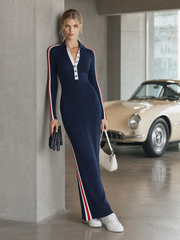 Retro Sporty Navy Striped Polo Half-Button Long-Sleeve Knit Maxi Dress