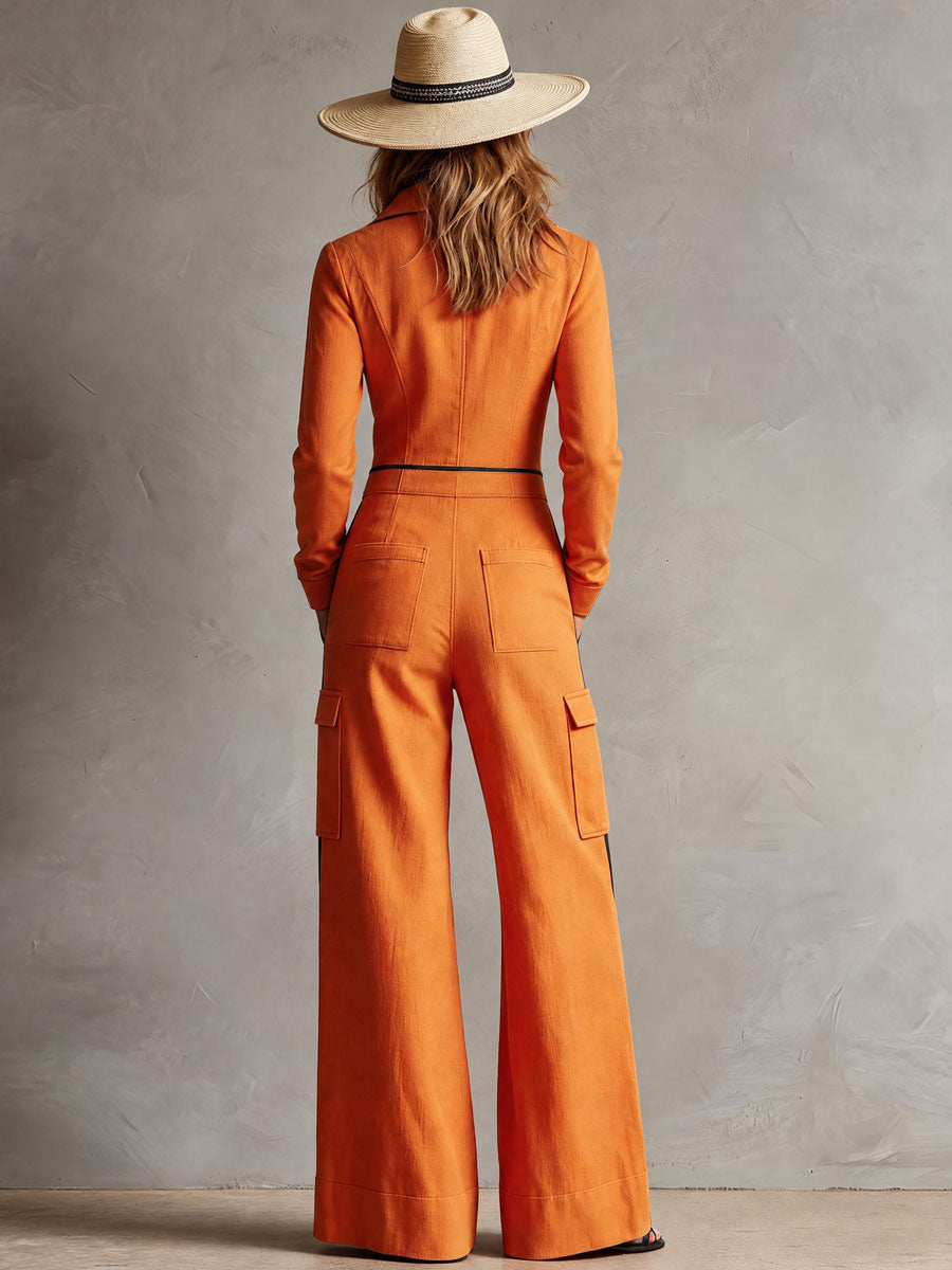 Casual Retro Color-blocked Orange Cotton And Linen Long-sleeved Jumpsuit