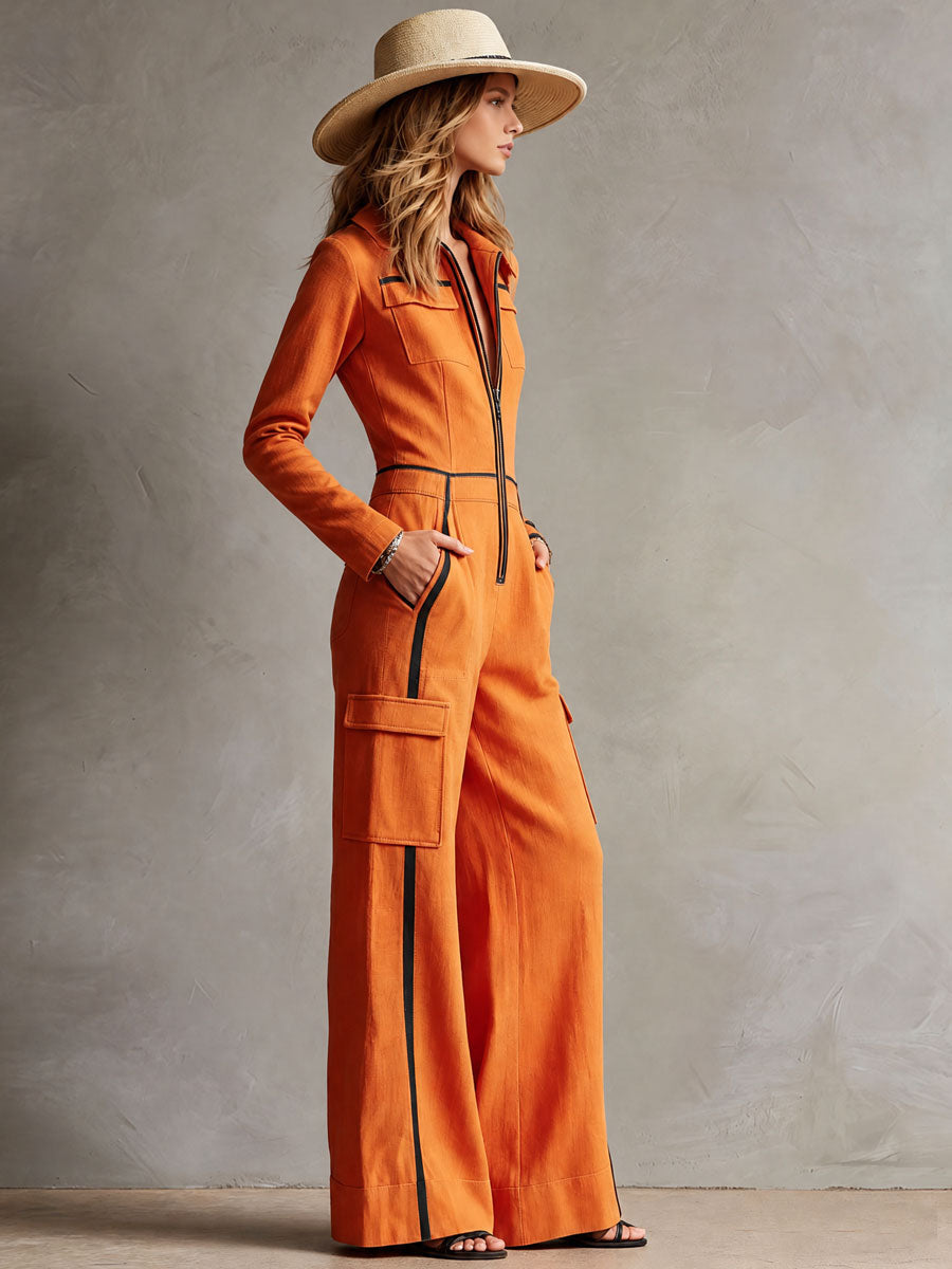 Casual Retro Color-blocked Orange Cotton And Linen Long-sleeved Jumpsuit