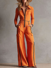 Casual Retro Color-blocked Orange Cotton And Linen Long-sleeved Jumpsuit