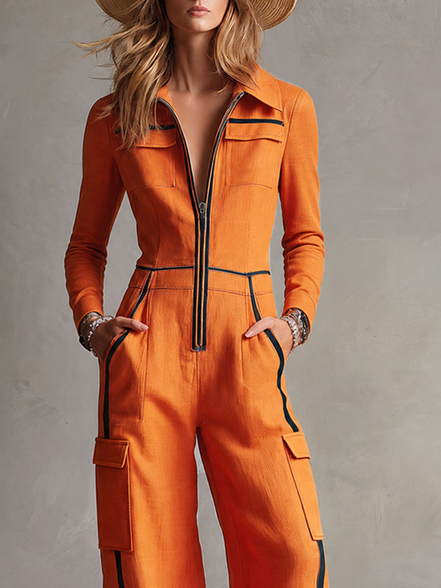 Casual Retro Color-blocked Orange Cotton And Linen Long-sleeved Jumpsuit