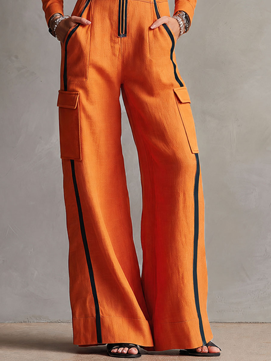 Casual Retro Color-blocked Orange Cotton And Linen Long-sleeved Jumpsuit