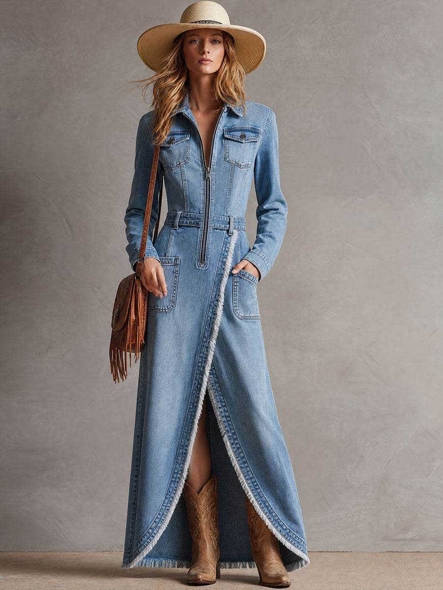 Elegant Retro Blue Denim Zip-up Long-sleeved Split Frayed Maxi Dress