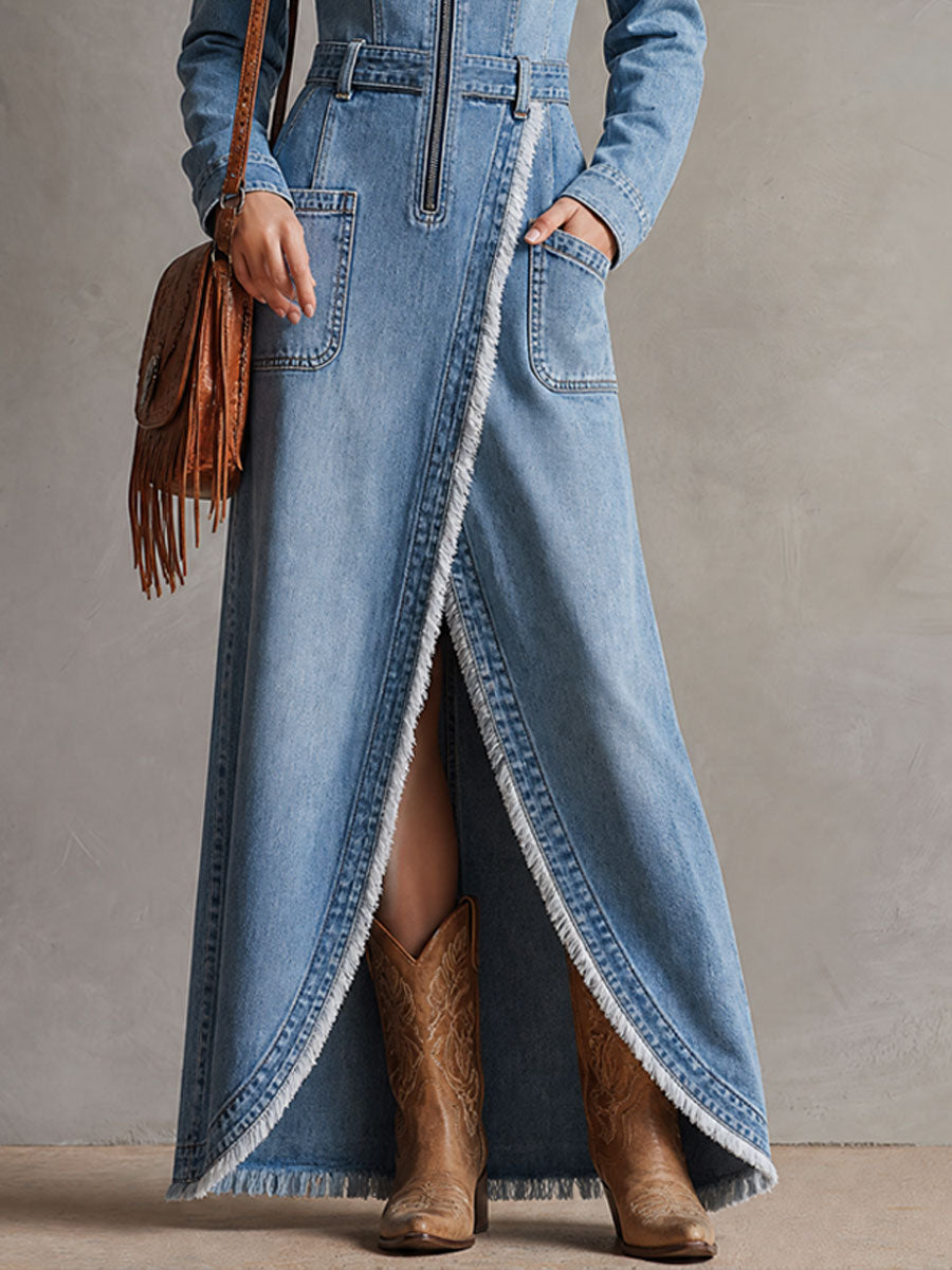 Elegant Retro Blue Denim Zip-up Long-sleeved Split Frayed Maxi Dress