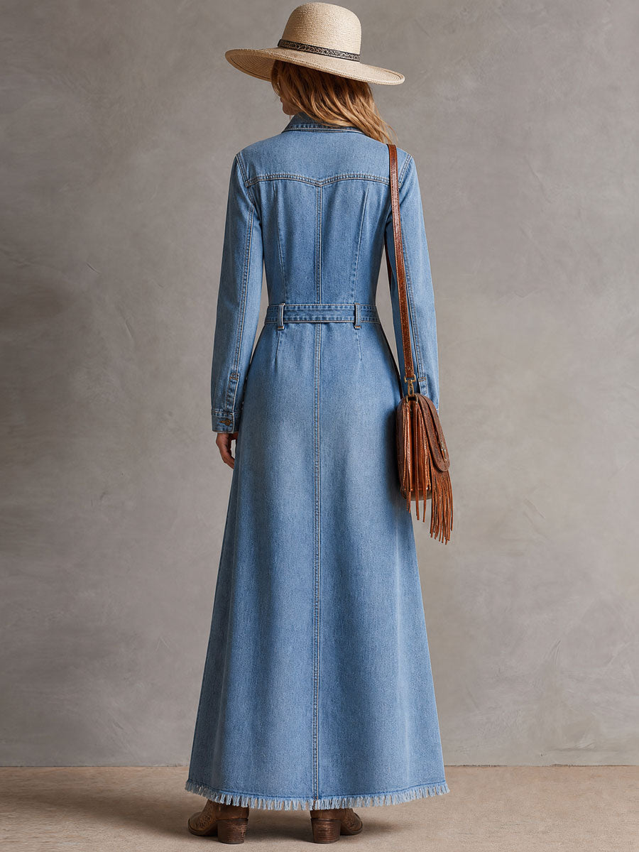 Elegant Retro Blue Denim Zip-up Long-sleeved Split Frayed Maxi Dress