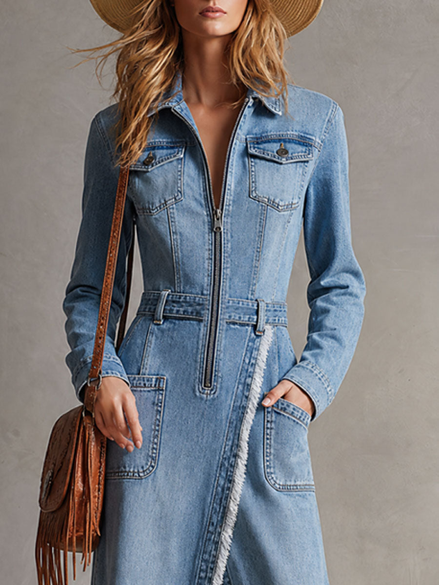 Elegant Retro Blue Denim Zip-up Long-sleeved Split Frayed Maxi Dress