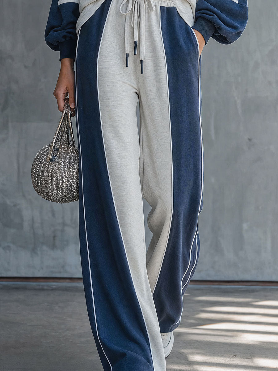 Casual Retro Color-blocked V-neck Long-sleeved Sweatshirt And Pants Set