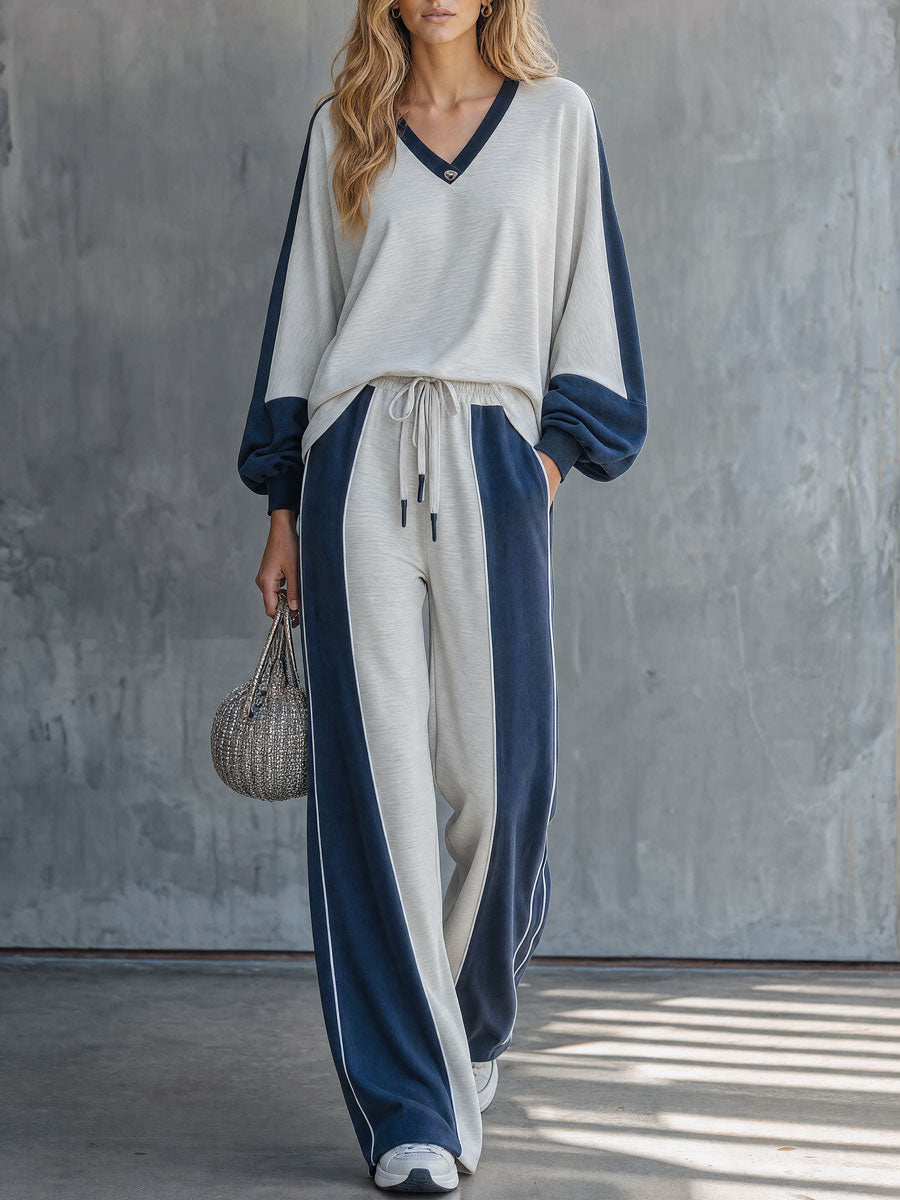 Casual Retro Color-blocked V-neck Long-sleeved Sweatshirt And Pants Set