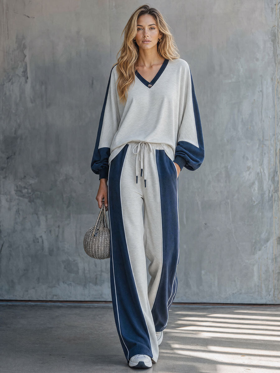 Casual Retro Color-blocked V-neck Long-sleeved Sweatshirt And Pants Set