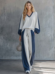 Casual Retro Color-blocked V-neck Long-sleeved Sweatshirt And Pants Set