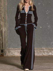 Casual Retro Color-blocked Brown Knit Cardigan And Trousers Set