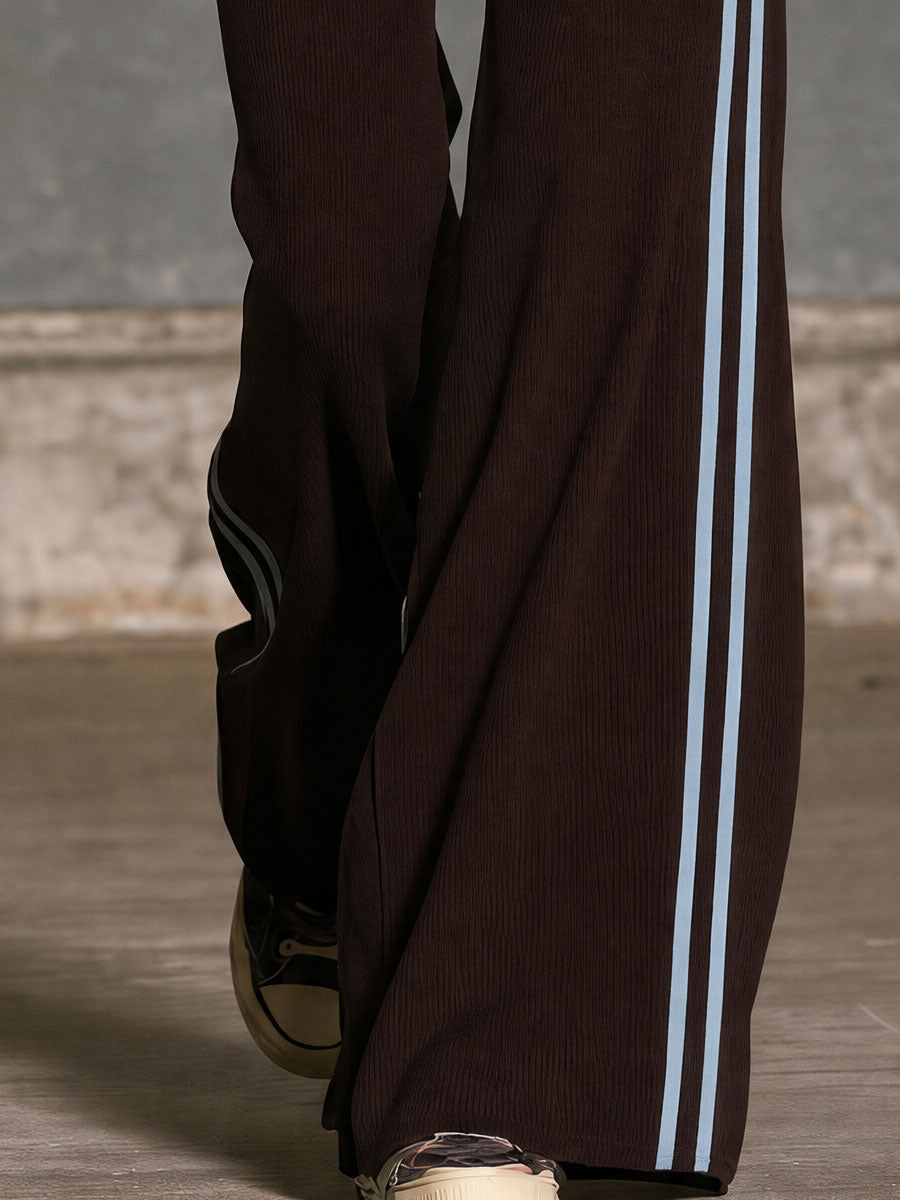 Casual Retro Color-blocked Brown Knit Cardigan And Trousers Set