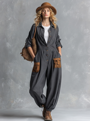 Retro American-style Lapel Button-front Contrast-color-pocket Jumpsuit