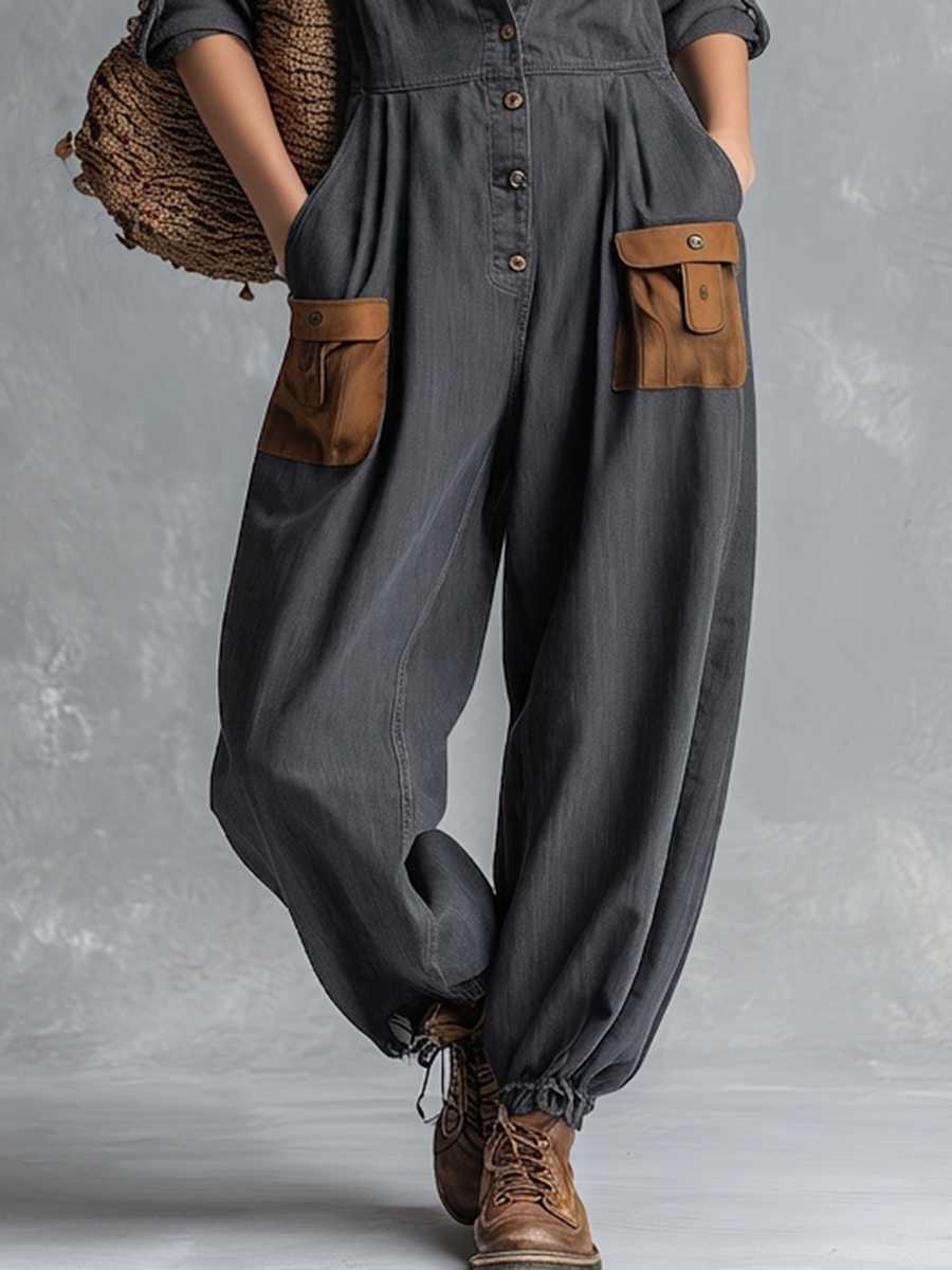 Retro American-style Lapel Button-front Contrast-color-pocket Jumpsuit