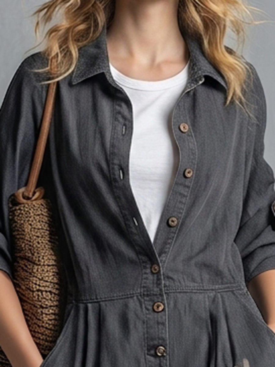Retro American-style Lapel Button-front Contrast-color-pocket Jumpsuit