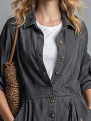 Retro American-style Lapel Button-front Contrast-color-pocket Jumpsuit