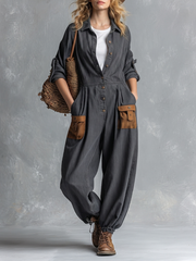 Retro American-style Lapel Button-front Contrast-color-pocket Jumpsuit