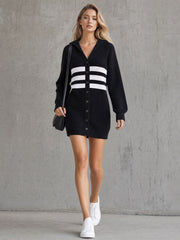 Casual Retro Color-blocked Striped Black Hooded V-neck Long-sleeved Knit Mini Dress