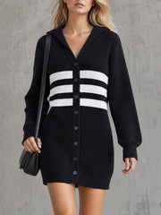 Casual Retro Color-blocked Striped Black Hooded V-neck Long-sleeved Knit Mini Dress