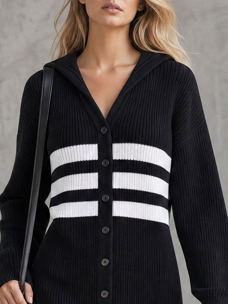 Casual Retro Color-blocked Striped Black Hooded V-neck Long-sleeved Knit Mini Dress