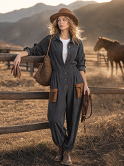 Retro American-style Lapel Button-front Contrast-color-pocket Jumpsuit