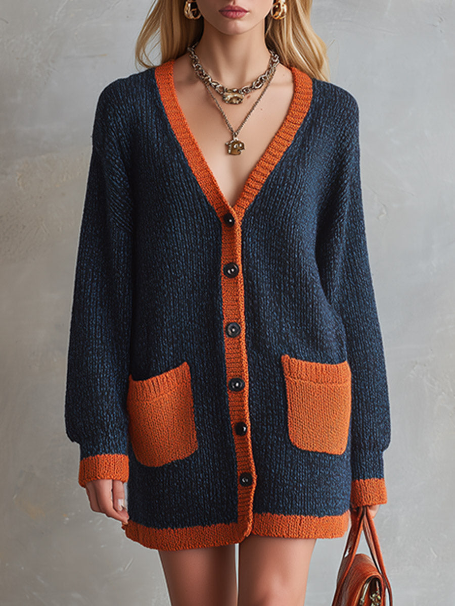 Retro Urban Color-Block Trim Navy Single-Breasted Knit Mini Dress