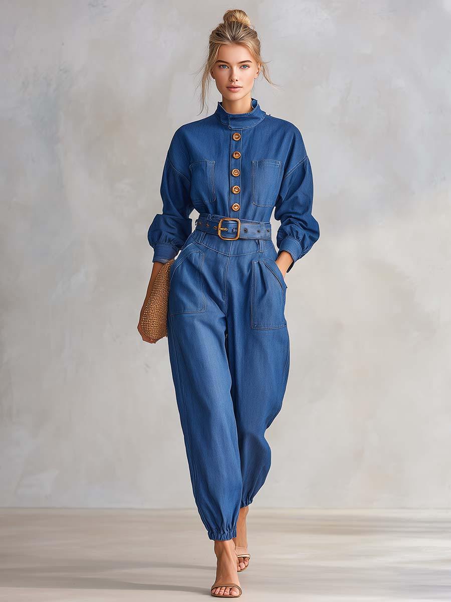 Retro Utility Denim Button-Front Belted Long-Sleeve Cuffed Jumpsuit With Pockets