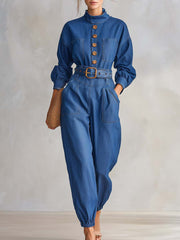 Retro Utility Denim Button-Front Belted Long-Sleeve Cuffed Jumpsuit With Pockets
