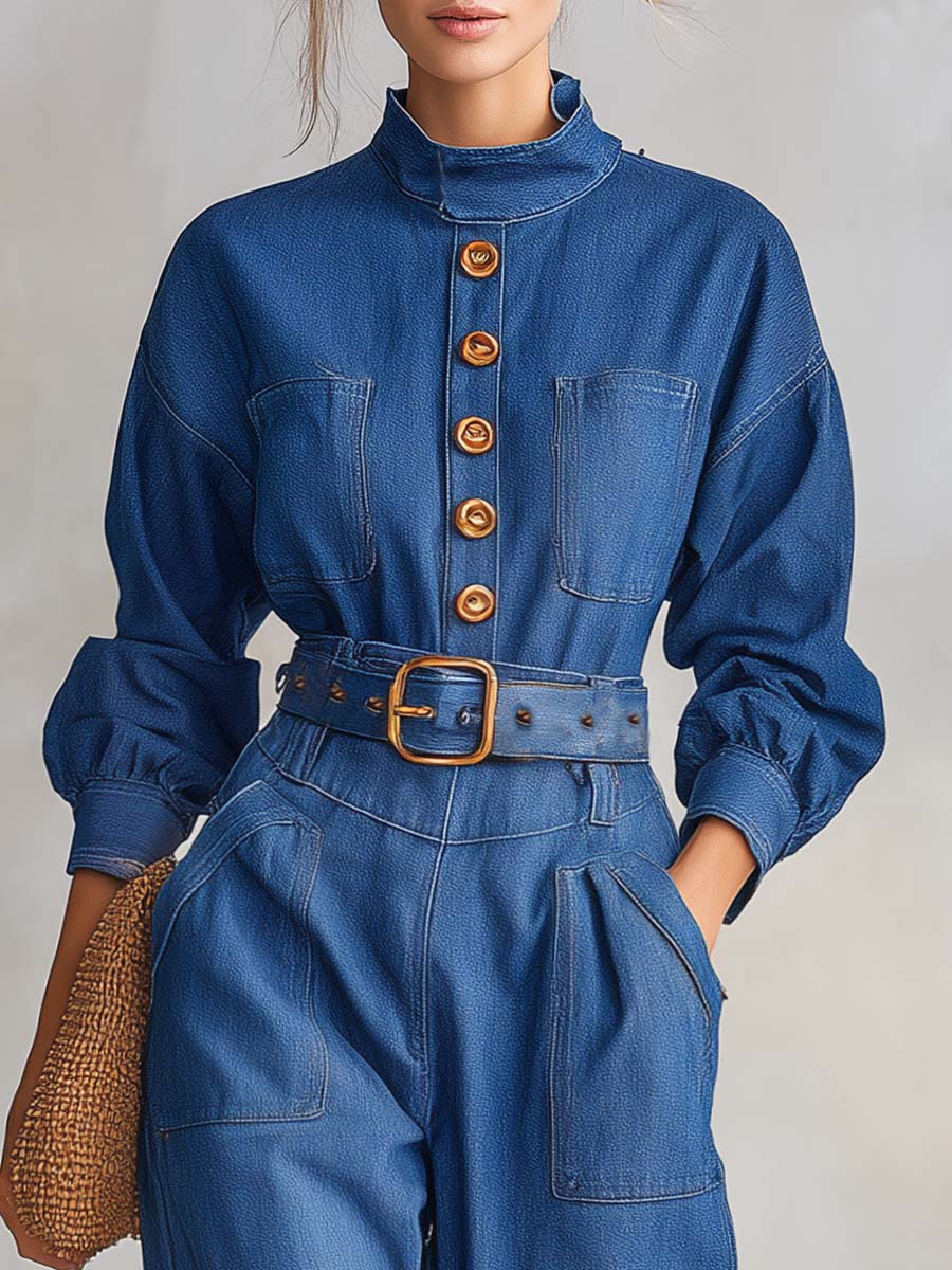 Retro Utility Denim Button-Front Belted Long-Sleeve Cuffed Jumpsuit With Pockets