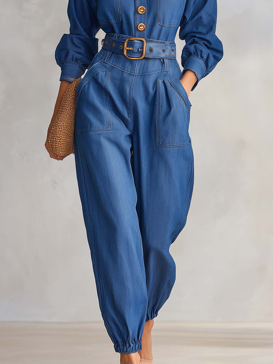 Retro Utility Denim Button-Front Belted Long-Sleeve Cuffed Jumpsuit With Pockets