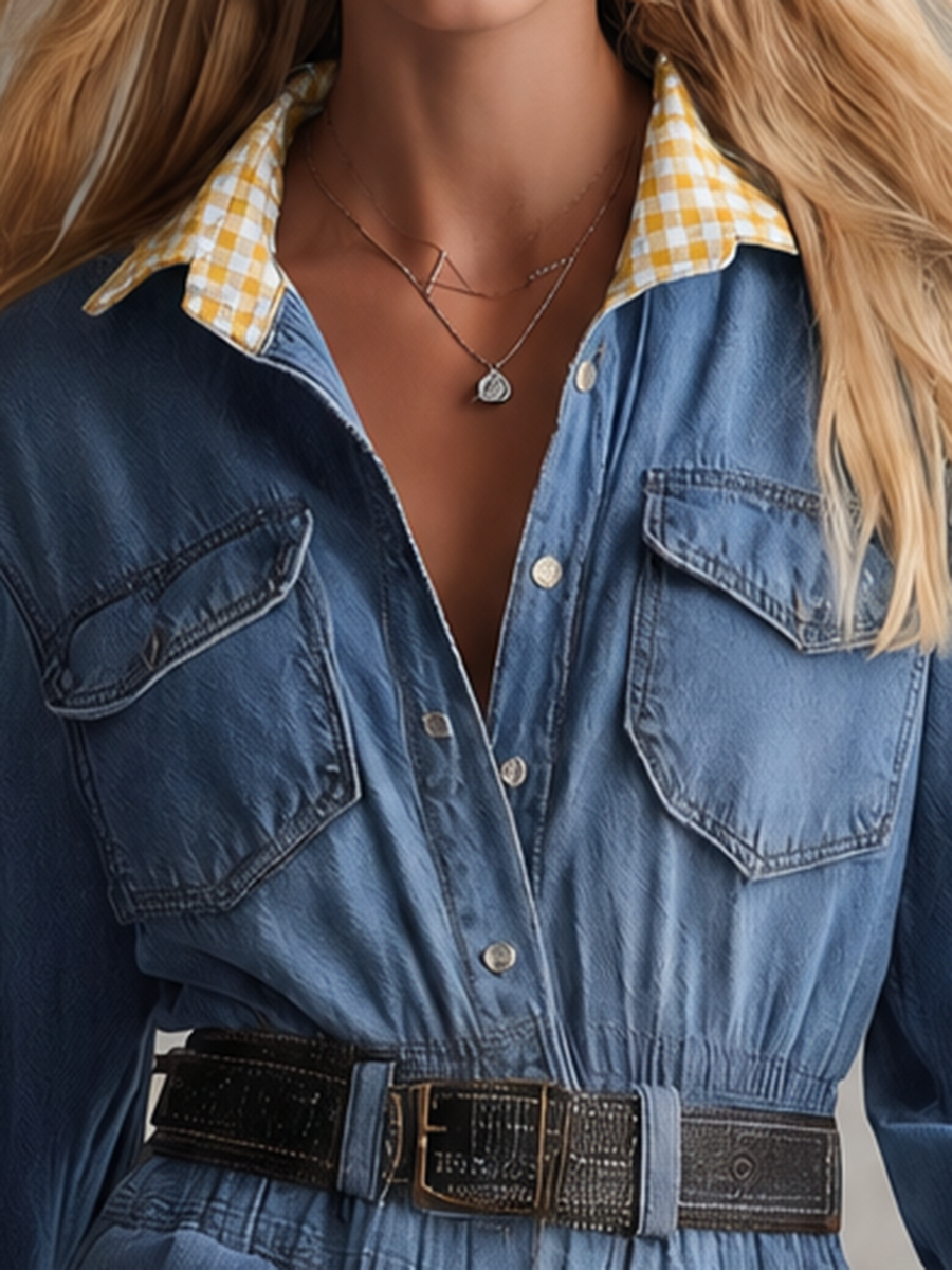 Retro Medium-blue Plaid-paneled Puff-sleeve Lace-up Denim Dress