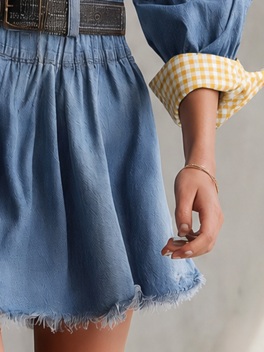 Retro Medium-blue Plaid-paneled Puff-sleeve Lace-up Denim Dress