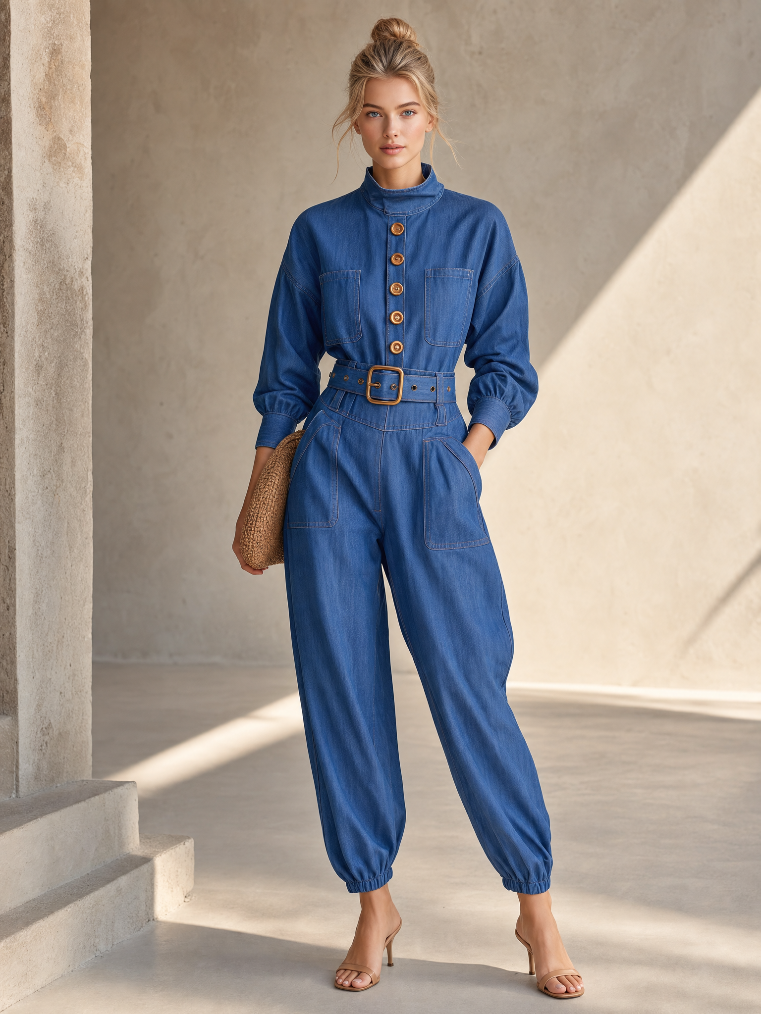 Retro Utility Denim Button-Front Belted Long-Sleeve Cuffed Jumpsuit With Pockets