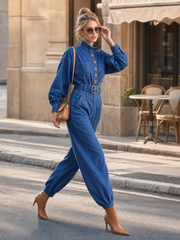 Retro Utility Denim Button-Front Belted Long-Sleeve Cuffed Jumpsuit With Pockets