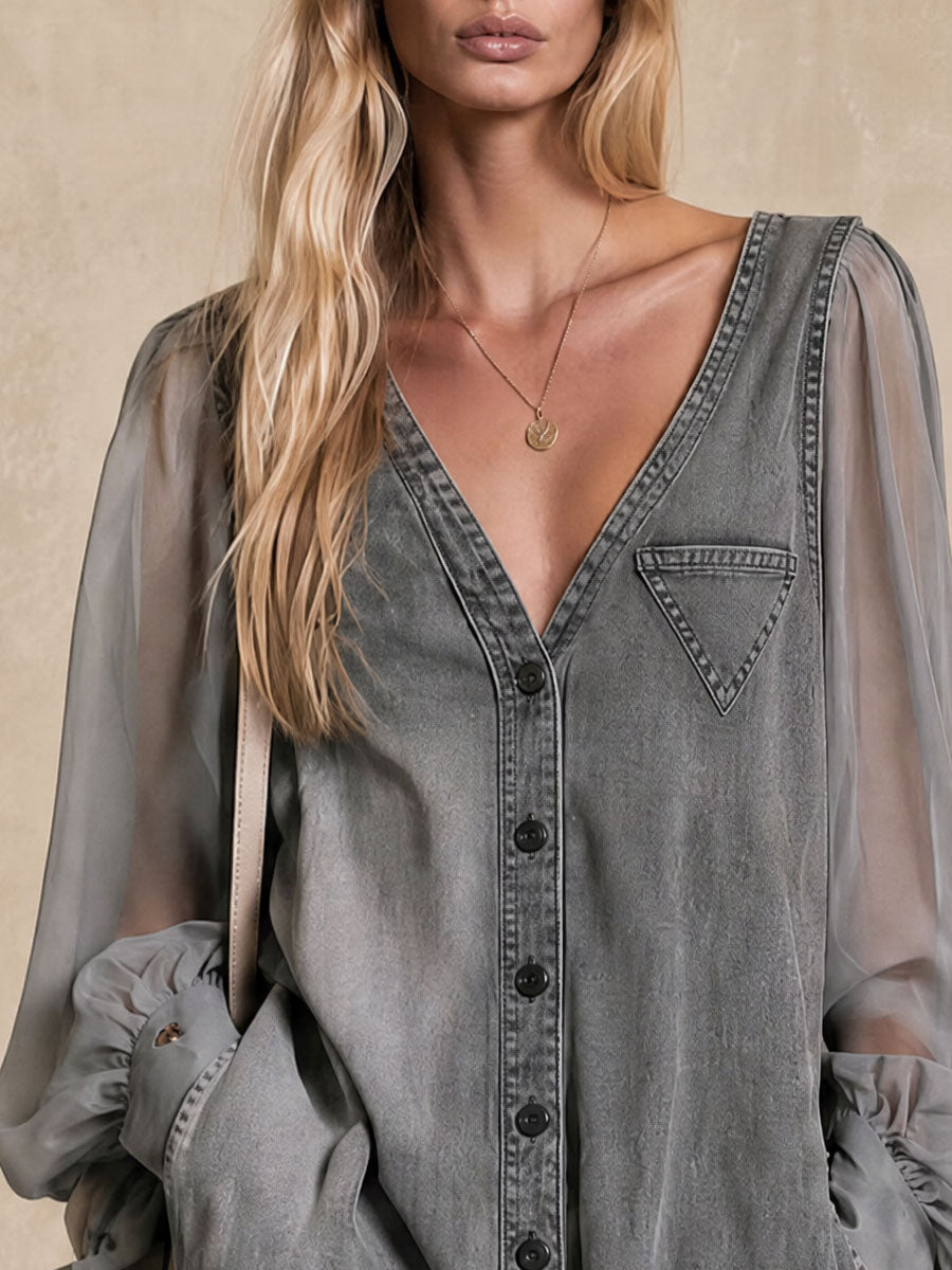 Retro Gray Mesh Sleeve Button V-neck Denim Wide-leg Jumpsuit
