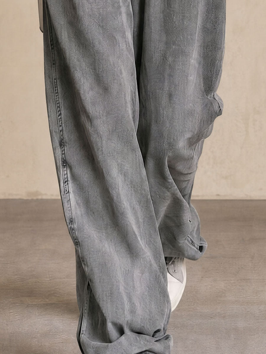 Retro Gray Mesh Sleeve Button V-neck Denim Wide-leg Jumpsuit