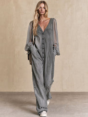Retro Gray Mesh Sleeve Button V-neck Denim Wide-leg Jumpsuit