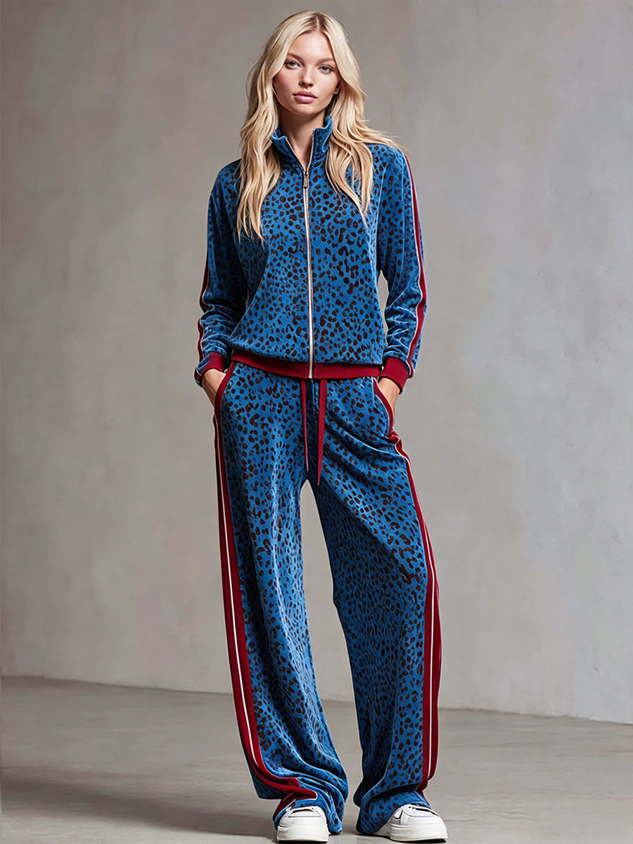 Casual Retro Zip-up Blue Velvet Leopard Print Jacket And Pants Set