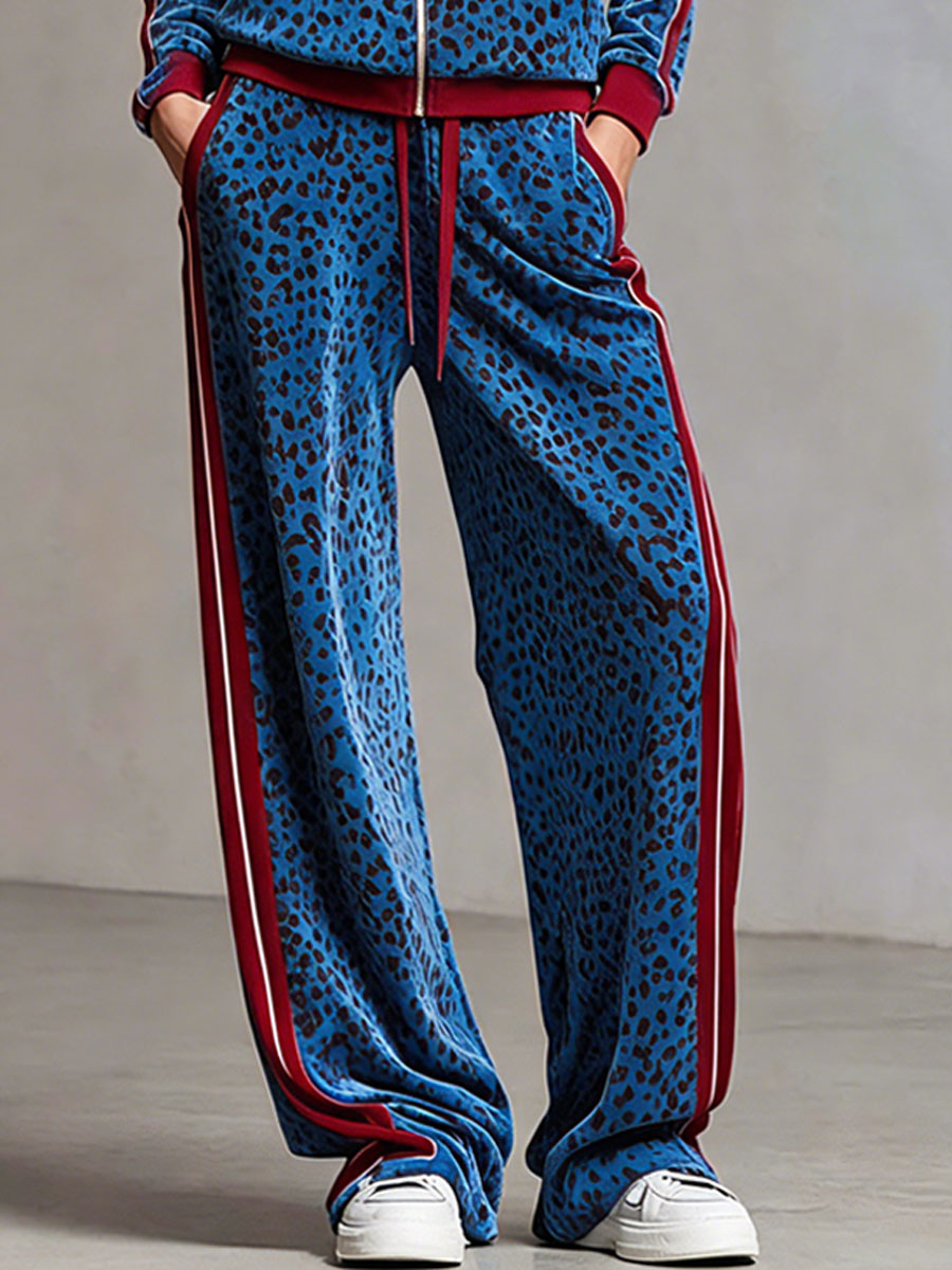 Casual Retro Zip-up Blue Velvet Leopard Print Jacket And Pants Set