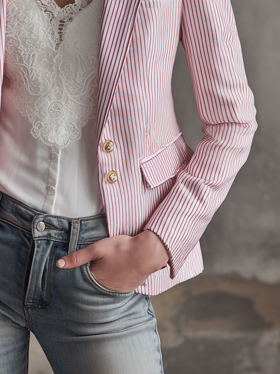 Retro Pink And White Striped Lapel Single-breasted Slim-fit Blazer