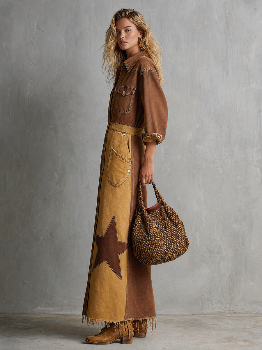 Retro American-style Lapel Zip Lace-up Belted Big-pocket Wide-leg Jumpsuit