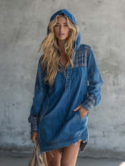 Retro Medium-blue Hooded Plaid-paneled Distressed Loose Denim Dress