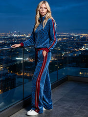 Casual Retro Zip-up Blue Velvet Leopard Print Jacket And Pants Set