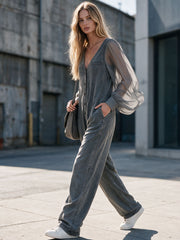 Retro Gray Mesh Sleeve Button V-neck Denim Wide-leg Jumpsuit
