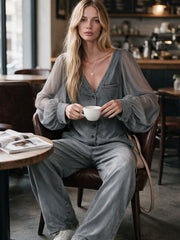 Retro Gray Mesh Sleeve Button V-neck Denim Wide-leg Jumpsuit
