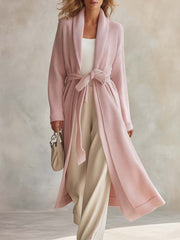 Cozy Pink Shawl-Collar Belted Open-Front Longline Duster Knit Cardigan