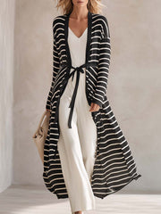 Coastal Black White Striped Shawl-Collar Belted Longline Duster Knit Cardigan