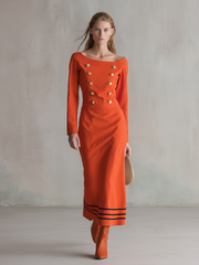 Retro Orange-red Off-shoulder Double-breasted Nautical-style Long Denim Dress